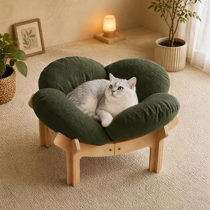 Elevated Flower Cat Bed Wooden Removable Cushion for Indoor Cats Small Dogs | Pet Couch Sofa with Fluffy Cushion, Raised Kitty Lounge Chair Suitable for Puppy, Modern Cat Furniture (Green)