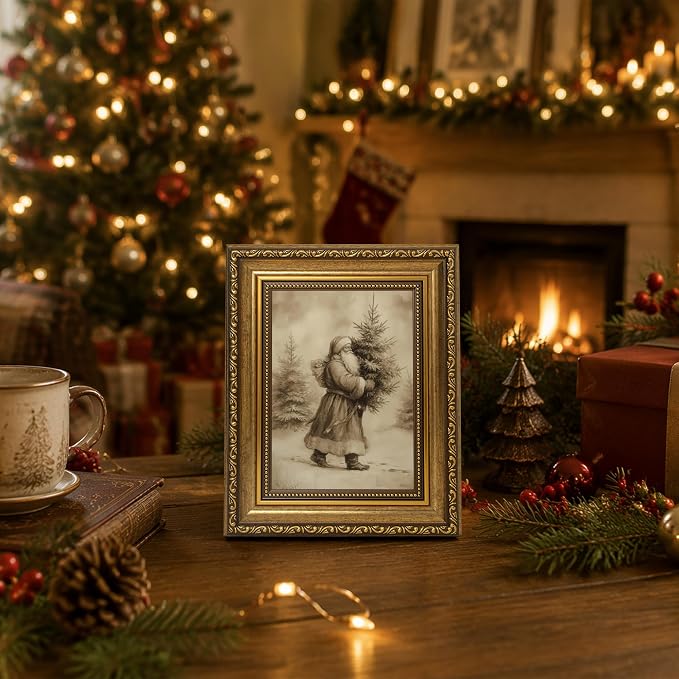 Fantasy Artists Christmas Framed Canvas Wall Art, Vintage Santa Claus Carrying Christmas Tree Gold Frame Print, Classic Holiday Wall Decor for Living Room Bedroom Entryway, Ready to Hang, 8" Wx10 H