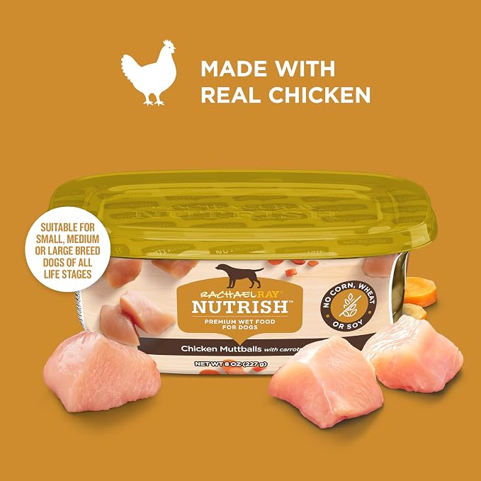 Nutrish Chicken Muttballs Wet Dog Food, 8 oz. Tub, 8 Pack (Rachael Ray) | Made with Carrots & Rice Pasta, No Artificial Flavors, No Added Corn, Wheat or Soy Ingredients & No Poultry By-Product Meal
