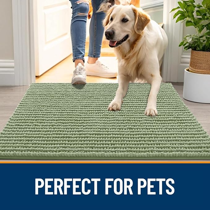 OLANLY Dog Door Mat for Muddy Paws 47x17, Extra Absorbent Chenille Mud Mat | Sage Green, Absorbs Moisture and Dirt, Non-Slip Machine Washable Doormat, Quick-Drying Indoor Entryway Floor Mat for Dogs