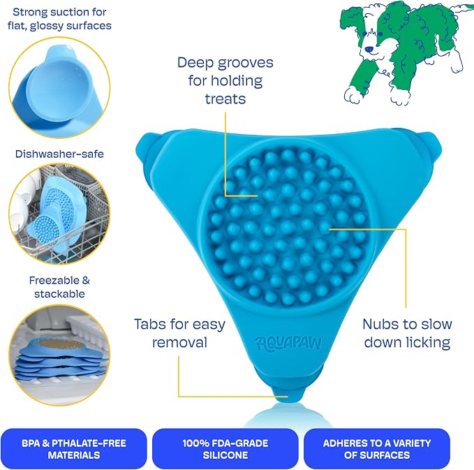 Aquapaw Silicone Dog Lick Mat - Suction Cup Slow Feeder Pad - Calming Bath Time Aid & Dog Grooming - Stress Relief & Pet Enrichment - Pack of 2 - XL & Small, Blue