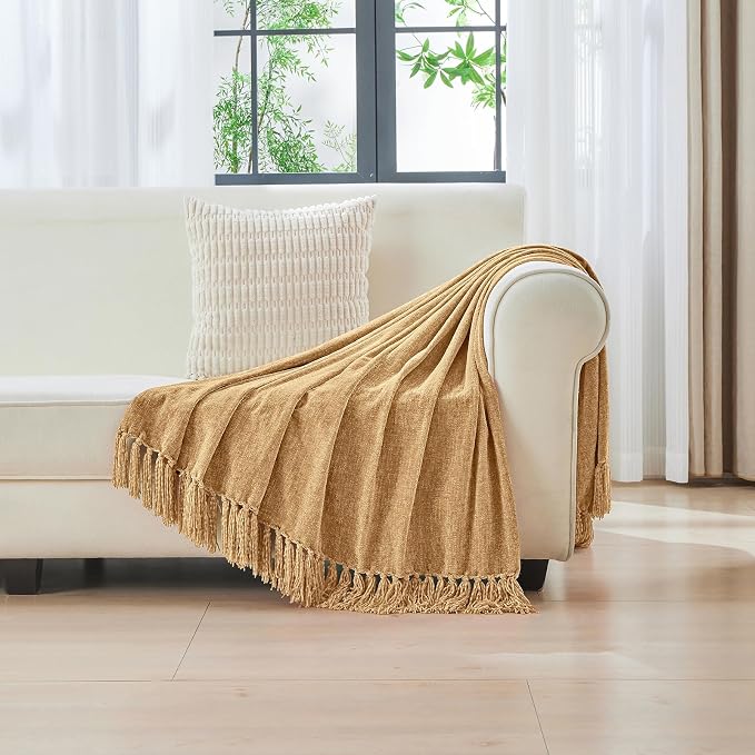 CozeCube Chenille Throw Blanket, Light Brown Fringe Blanket, 60"X80" | For Couch, Cozy Plush Fuzzy Decorative Blanket with Fringe Tassels, Lightweight Throws for Bed Sofa Gift Home Decor