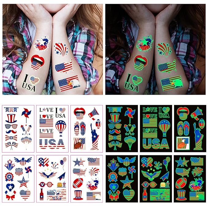 80PCS Luminous 4th of July Temporary Tattoos, American Flag Red White and Blue Decor, Fourth of July, USA Party Favors, Memorial Day, Independence Day,Labor Day Decorations Glow Party Supplies