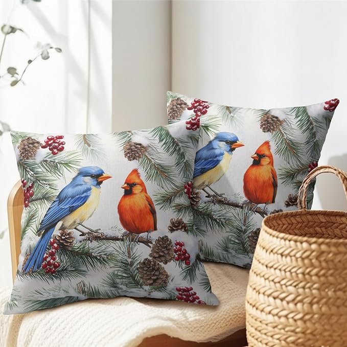 Kawani Christmas Birds Pillow Covers 20x20 Inch, Winter Bird Pine Cone Needle Branch Berry Throw Pillowcase Cotton Linen Square Cushion Case for Sofa Couch Home Holiday Decor Pack of 2
