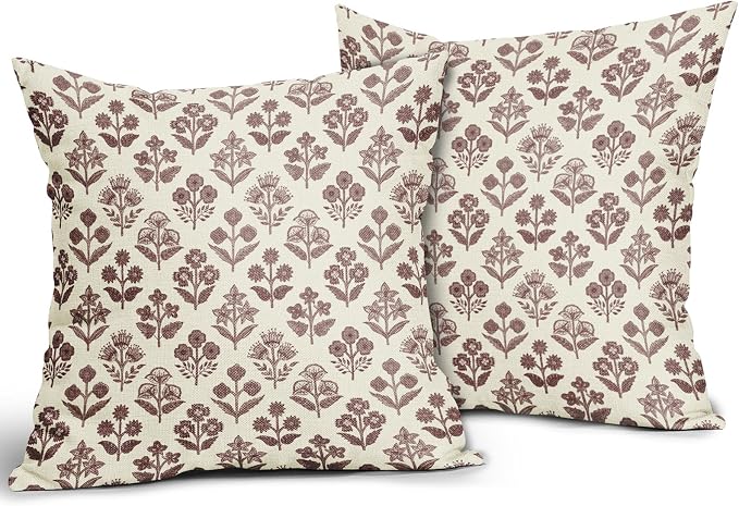 Burgundy Red Floral Pillow Covers 16x16 Inch Set of 2, Vintage Flower Block Print Pattern Decorative Throw Pillowcases Outdoor Farmhouse Cushion Covers Spring Summer Rustic Sofa Couch Bed Decor