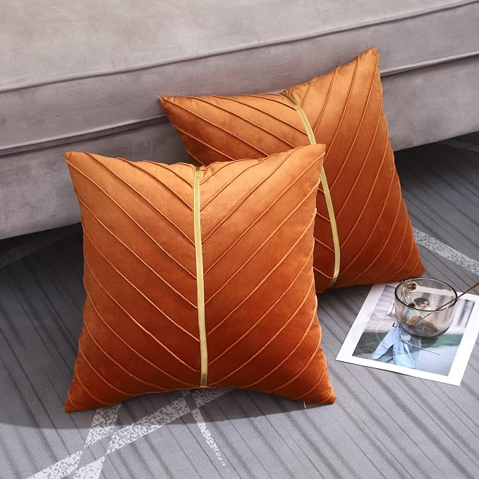Velvet Throw Pillow Covers 16x16 Pack of 2 Gold Decor Burnt Orange | Soft Solid Pillow Covers,Modern Luxury Home Decor,Halloween Fall Decor,Hidden Zipper,Ideal Gift,Easy Care