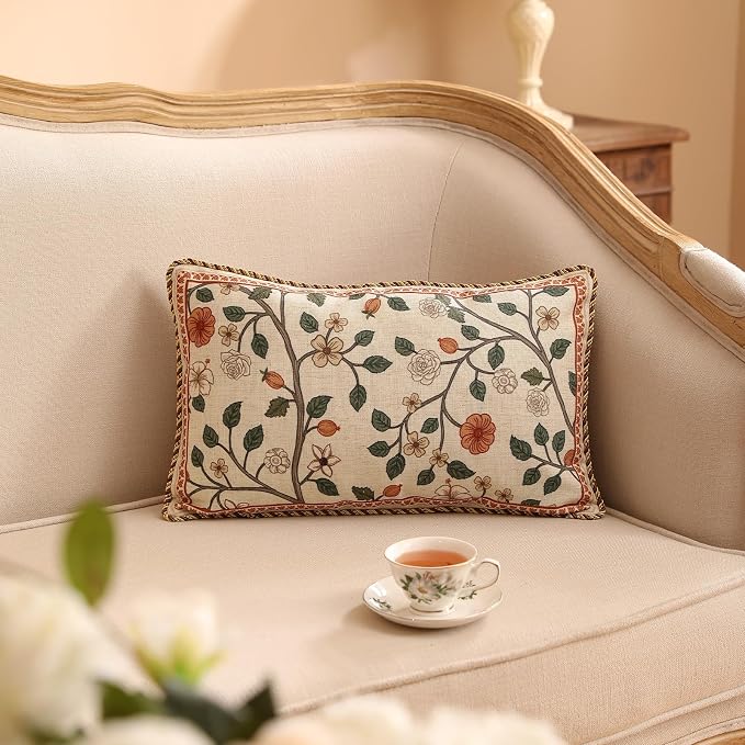 Designer Elegant Vintage Linen Throw Pillow Cover,20"x12"-Flora A | French Rectangle Decor Pillow Cover,Concealed Zipper Design,Floral Pattern,Sofa,Bedroom,Living Room,Lounge Chairs