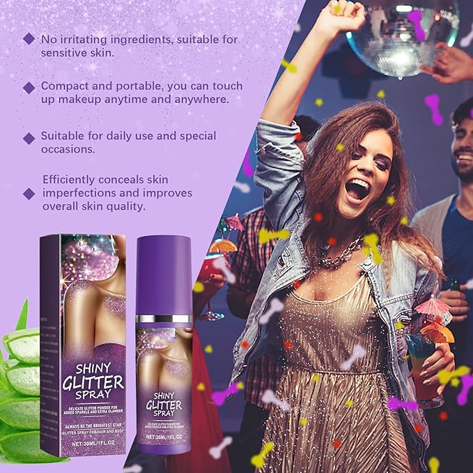 Body Glitter Spray with Mica & Tocopherol, Long Lasting Shimmer Formula for Body, Face, Hair & Clothes, Quick-Drying Sparkling Spray for Cocktail, Cosplay, Party, Festivals, Special Events