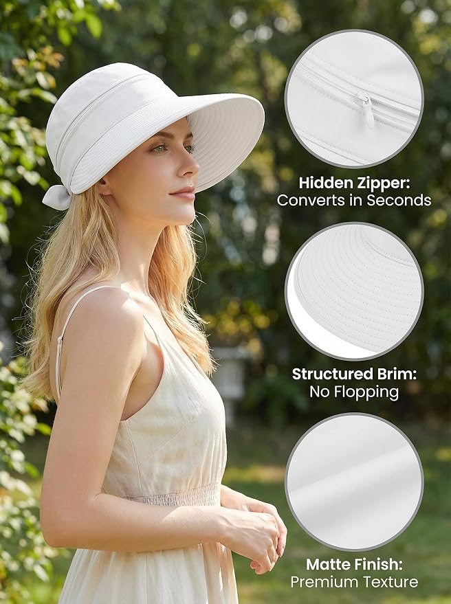 2-in-1 Women’s Sun Visor Sun Hat Zipper Off Ponytail Friendly, Lightweight Quick Dry, Summer UV Protection