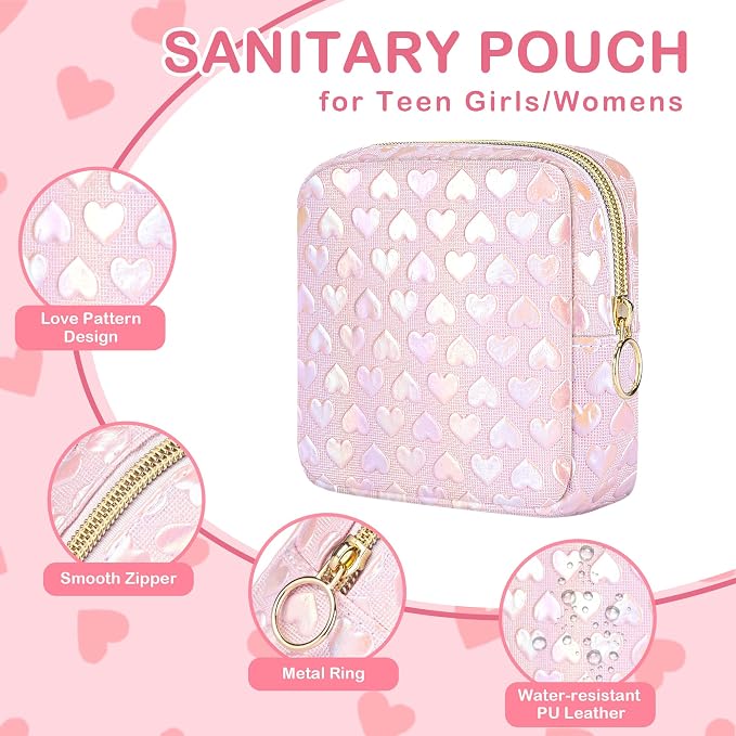 Likesing Period Bag Pouch, Leather Sanitary Napkin Storage Bag for Girls Womens, Portable Sanitary Napkin Period Pad Pouch Bag for Purse (Pink-3D Love)