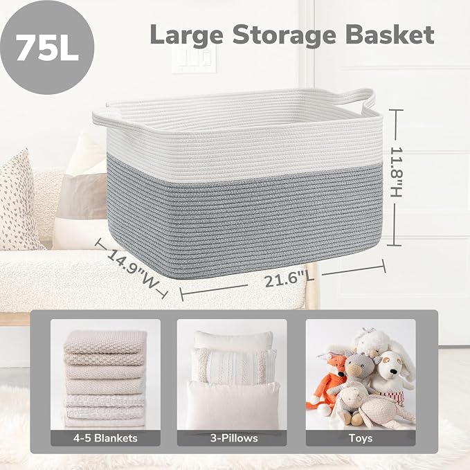 Goodpick Large Woven Rope Blanket Basket, Rectangle, White Gray | 21.6'' x 14.9'' x 11.8'' Storage Basket for Toys, Blankets & Clothes, Nursery & Bedroom Organization, Reinforced Handles