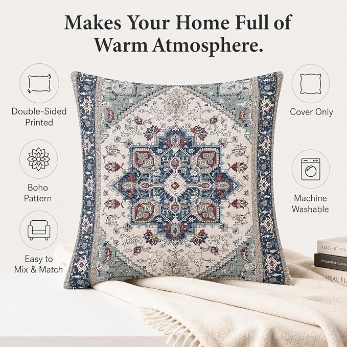 Boho Throw Pillow Covers 18x18 inch Set of 2,Soft Pillowcases Bohemia Carpet Printing Pattern Decorative Sofa Living Room Bed Square Pillow Case Cushion Cover-Blue Cyan