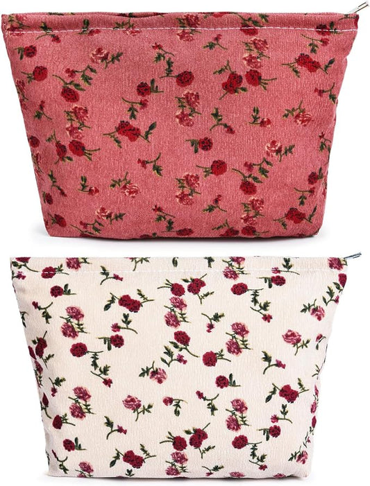 SOIDRAM 2 Pieces Rose Makeup Bag Large Corduroy Cosmetic Bag Capacity Canvas Travel Toiletry Bag Organizer Cute Makeup Brushes Aesthetic Accessories Storage Bag for Women, Rose L White Pink