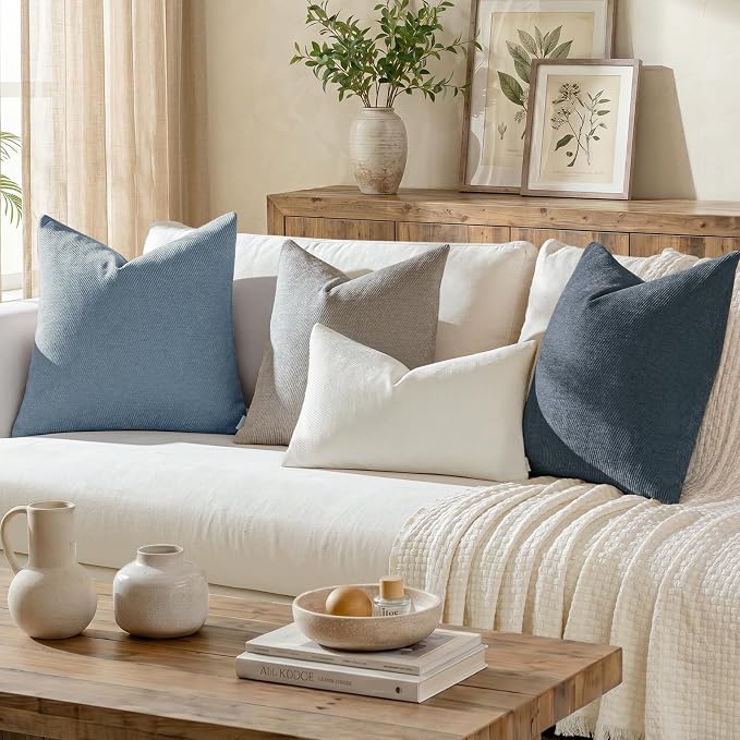 a moment Pack of 2 Decorative Chenille Throw Pillow Covers with Twill Cushion Covers for Sofa Living Room Couch Bed 20x12 Inch Coastal Blue