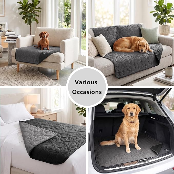 Waterproof Couch Cover for Dogs - Washable Pets Furniture Protector | TPU Leak-Proof Liner, Lightweight & Reversible, Fits Chair, Sofa, Bed, 52" x 82" , Black/Darkgrey