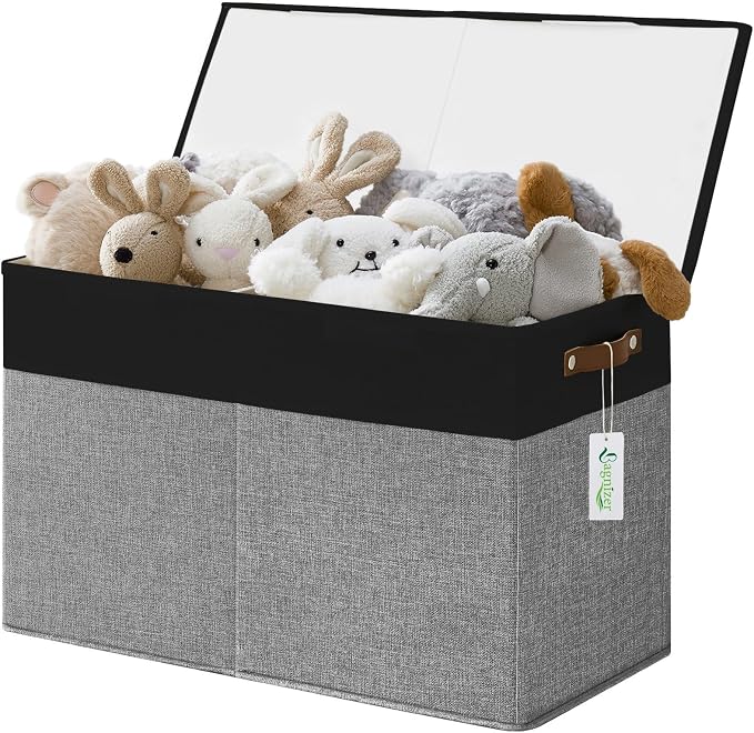 Large Toy Storage Box with Lids, Collapsible Sturdy Baby Storage Organizer Chest Bin Basket for Kids, Boys, Girls, Playroom, Nursery, Bedroom, Closet 25"x13"x16" (Gray and Black)