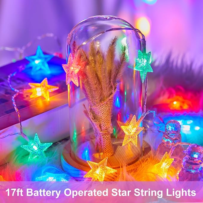 Minetom Star String Lights Battery Operated - 17 ft 50 LED Star Fairy String Lights with Timer, Waterproof for Indoor Bedroom Tent Loft Bed Patio Party Wedding Decor, Multi-Color