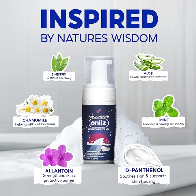 ONIIZ Masculine Foam Amorous Intimate Wash for Men, Triple-Barrier Intimate Defense - pH Balanced, Natural Ingredients, Removes Sweat, Bad Odor - Warm & Attractive Fragrance 3.38 fl. oz