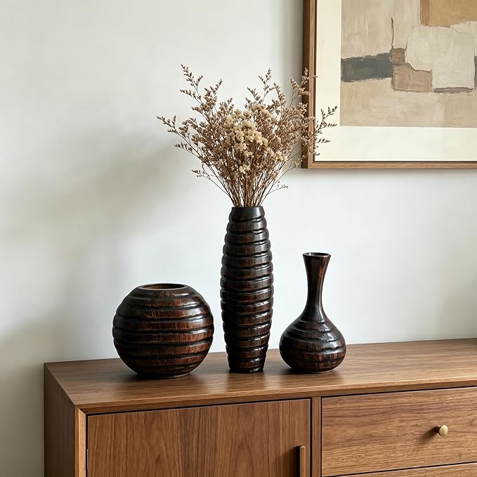 Hosley's Set of 3 Carved Wood Vases Small 6" Medium 8" and Tall 12" High. Ideal Gift for Floral Arrangements Wedding and Use for Home Office Decor Fireplace Floor Vases Spa Aromatherapy Settings