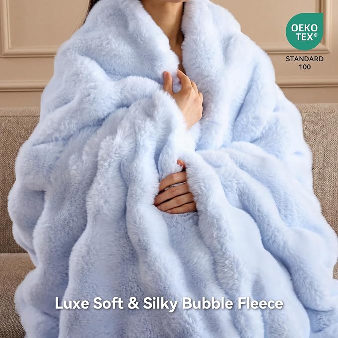 Faux Rabbit Fur Throw for Couch - Light Blue Bubble Blanket 50"x60" | Fluffy Plush Fuzzy Throw for Sofa & Bed, Super Soft Cozy Comfrt Blanket, Luxury Aesthetic Light Blue Decor Gift for Women