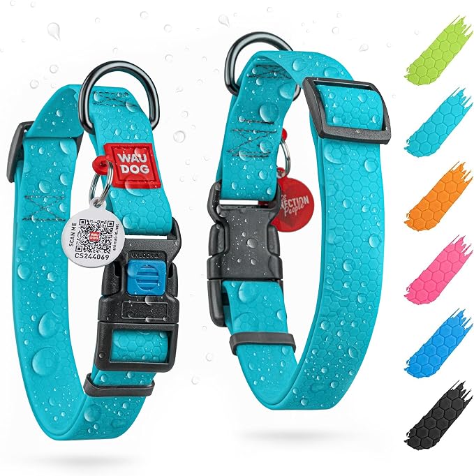 WAUDOG Waterproof Dog Collar Airtag Holder QR Tag Small Medium Large Dogs | Water and Dirt Resistant, Quick Dry QR Pet Tag Adjustable Durable Comfort for Male and Female Dogs Outdoor Walking Training