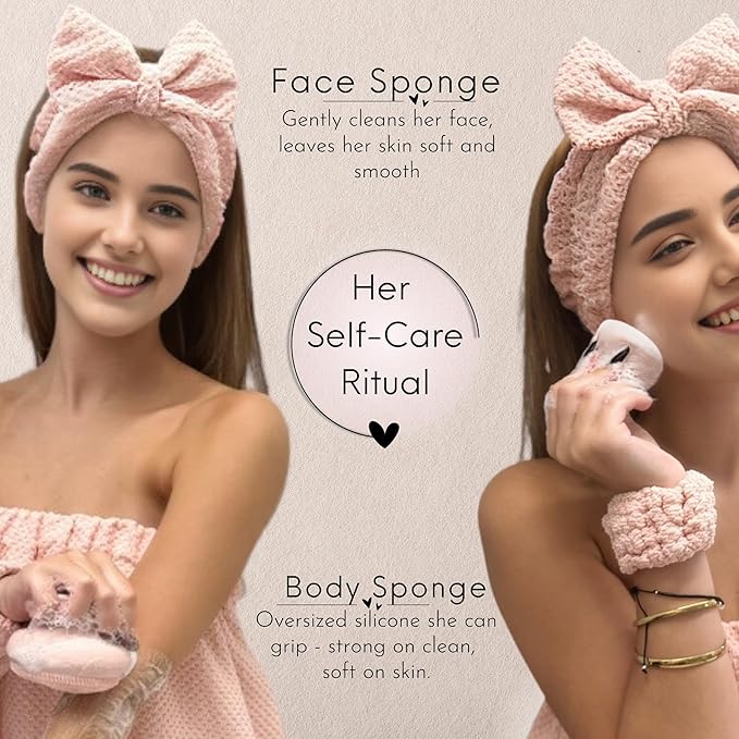 HAPPY LOLLI Power Shower Gift Set for Teen & College Girls, Birthday Gift, Self Care College Essentials Bath Accessories with Towels, Headband, Wristbands & Face Sponge (Fresh in Pink)