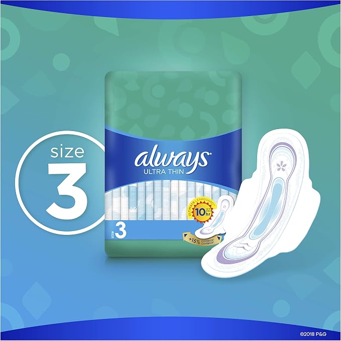 Always Ultra Thin Pads Size 3, Extra Long, Super Absorbency With Wings, Unscented