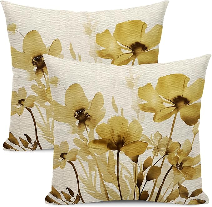 Spring Floral Pillow Covers 18x18 Inches Set of 2,Yellow Floral Throw Pillow Covers Outdoor Summer Flower Decoration Pillowcase Farmhouse Decorative Square Decor Cushion Cover for Couch Sofa
