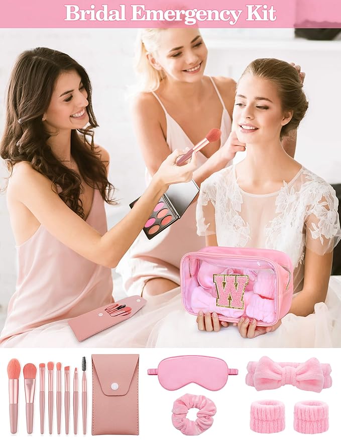 Gift Sets for Women, Initial Makeup Bag with Makeup Brush Set Bachelorette Party Favors, Pink Spa Kit with Skincare Headbands Wrist Bands Sleepover Party Supplies Gifts for Teen Girls Bridesmaid W