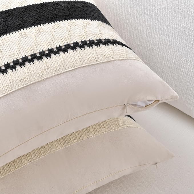 Fancy Homi Set of 1 Boho Black Long Lumbar Decorative Throw Pillow Cover 16x24 Inch for Couch Bed Sofa Chair, Modern Organic Farmhouse Home Decor, Soft Cotton Cute Accent Rectangle Cushion Case