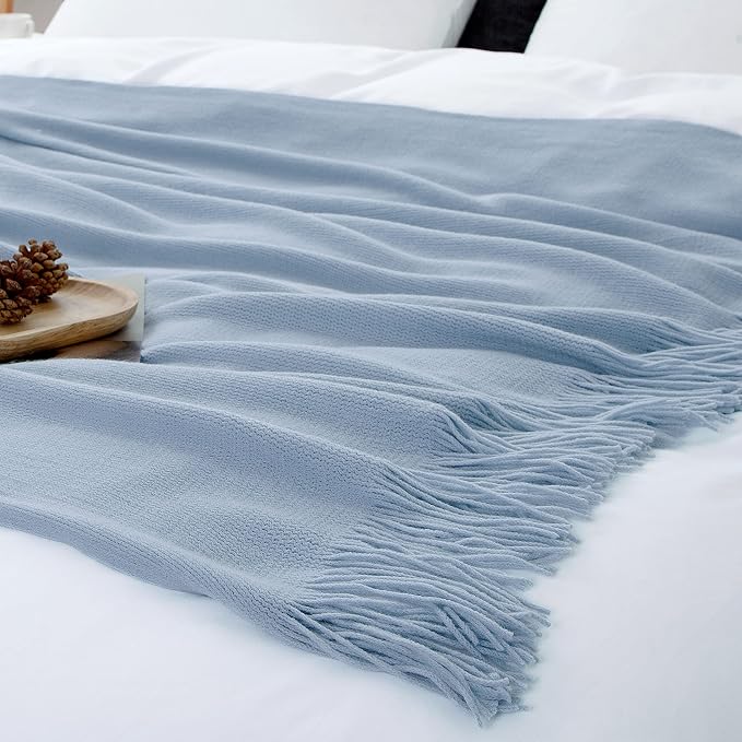 Vonty Light Blue Knitted Throw Blanket with Tassels Fringe, 50x60 Acrylic | Super Soft And Lightweight, Year-Round Cozy Warmth, Farmhouse Decorative Style, Machine Washable, for Couch, Sofa or Bed