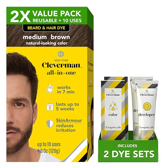 2X Reusable Hair & Beard Dye for Men – Medium Brown | Up to 10 Uses, 7 Minutes | Natural Gray Coverage, No-Drip Cream with SkinArmour® – Cleverman