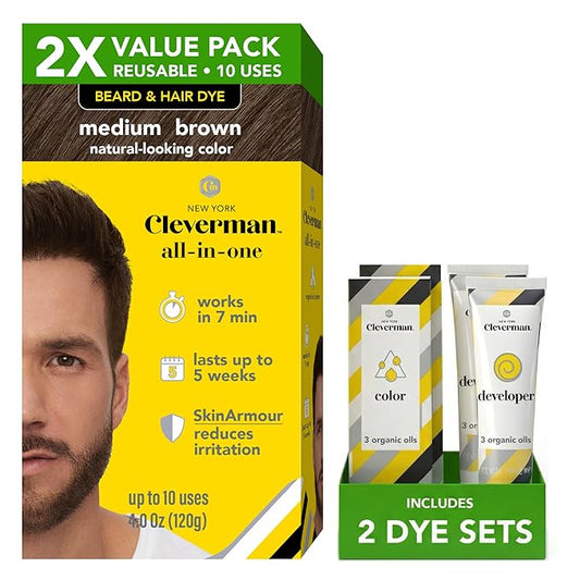 2X Reusable Hair & Beard Dye for Men – Medium Brown | Up to 10 Uses, 7 Minutes | Natural Gray Coverage, No-Drip Cream with SkinArmour® – Cleverman
