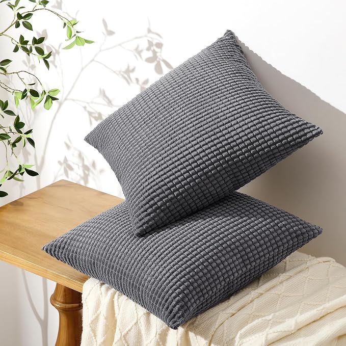 Softalker Corduroy Decorative Throw Pillow Covers 20x20, 2 Pack, Dark Grey | Soft Boho Striped Pillow Cases, Couch Fluffy Cushion Covers for Farmhouse Home Decor Bed Living Room