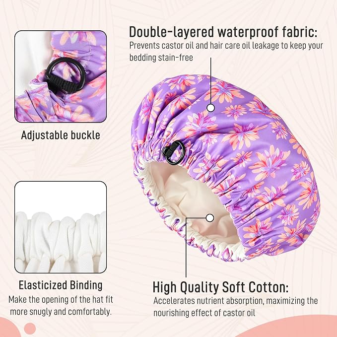 Castor Oil Pack Wrap Organic Cotton for Hair Growth, Overnight Hair Wrap for Sleep, Reusable Hair Mask Cap for Castor Oil Treatment of Balding,Thinning Dry and Damaged Hair(Oil Not Included) Purple, M