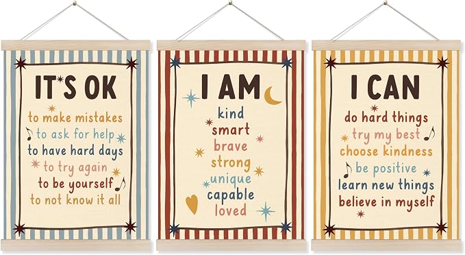 Koesus Inspirational Classroom Striped Wall Art Poster Hanger Frame 12x16 Inch Set of 3, Positive Affirmations for Kids, Motivational Canvas Pictures Prints Framed Wall Decor for Classroom Kids Room Playroom