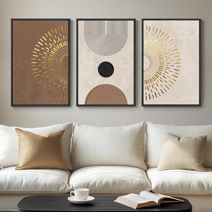 Framed Boho Neutral Abstract Wall Art, 3 Piece Canvas Prints Paintings Artwork for Walls, Large Minimalist Brown Beige Gold Geometric Pictures for Living Room Hallway Bedroom Office Wall Decor 16x24