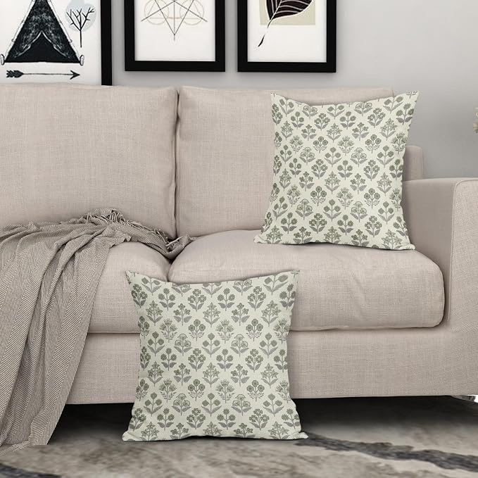 Green Grey Gray Floral Block Print Pillow Covers 18x18 Inch Set of 2, Vintage Flower Pattern Decorative Throw Pillowcases Outdoor Farmhouse Cushion Covers Spring Summer Rustic Sofa Couch Bed Decor