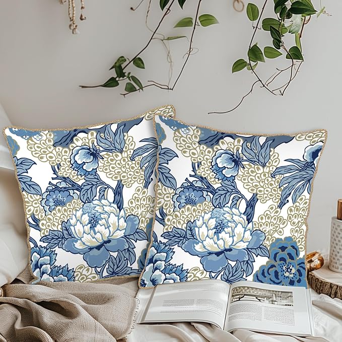 KSLIDS Vintage Floral Soft Velvet Throw Pillow Covers Set of 2 Blue Beige Floral Decorative Pillow Covers 16x16 Inch Chinoiserie Retro Pillow Case for Sofa Couch Bedroom Farmhouse Home Decor
