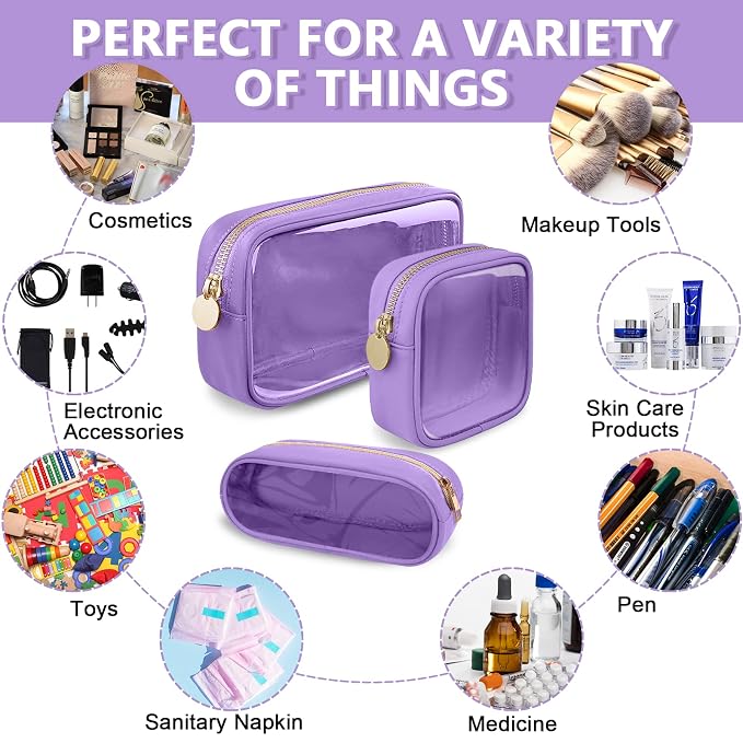 UIXIZQ Clear Mini Makeup Bag for Purse, Small Nylon&PVC Cosmetic Travel Bag TSA Approved Toiletry Bag with Zipper, Preppy Transparent Makeup Travel Bag Coin Purse for Women Men Girls(Mini-Purple)