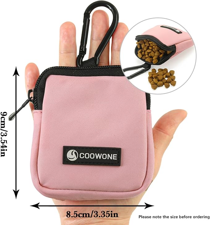 Dog Treat Pouch Pocket Sized Pet Puppy Training Pouch for Dog Training Behavior Aids, Waterproof Nylon Fabric Dog Poop Bag Holder, Hands Free Dog Walking Bag with Metal Carabiner (Pink)