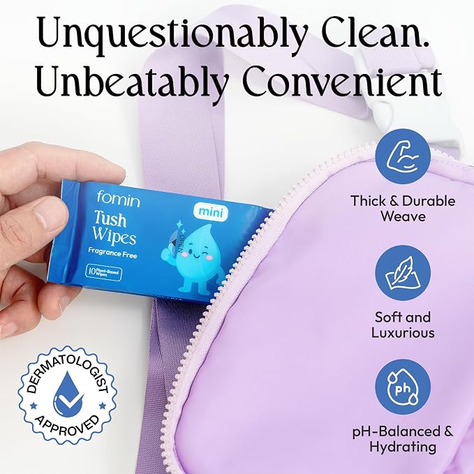 Fomin Compact Travel Flushable Wipes 8 Pack (64 Wipes Total) - Unscented Travel Size Wet Wipes for Adults - pH Balanced, Biodegradable, Plant-Based - Hypoallergenic Tush Wipes for Women & Men