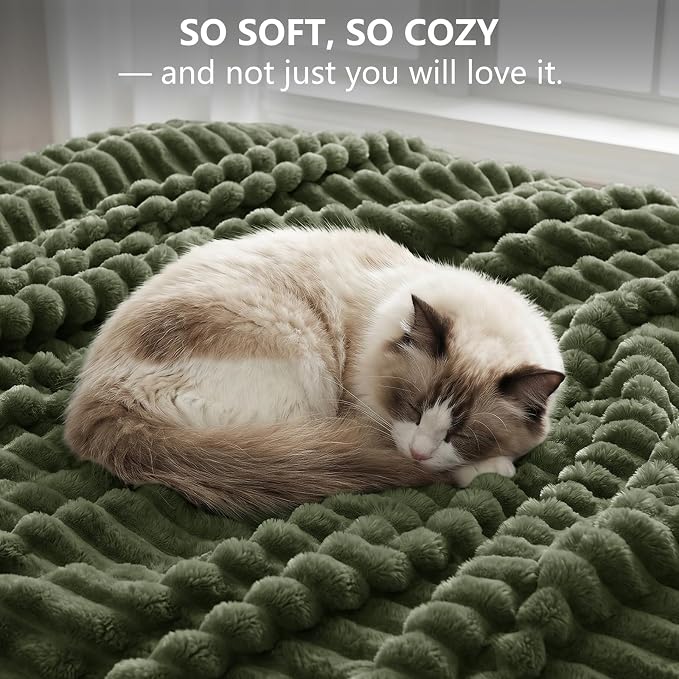 Olive Green Throw Blanket for Couch & Bed, 50 x 60 Inch | 300GSM Ribbed Fleece Blanket, Soft, Cozy & Lightweight, OEKO-TEX Certified, All-Season Use for Travel, Dorm & Home Decor