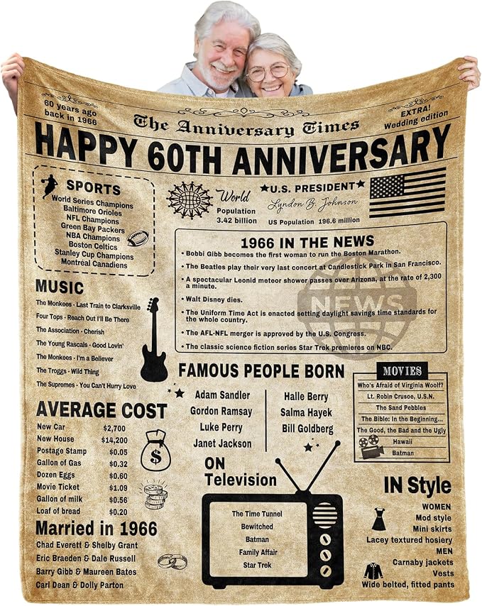 60th Anniversary Blanket Gifts Gift for 60th diamond Wedding Anniversary Sixty Years of Marriage Gifts for Couple Wife Husband Dad Mom Parents Grandpa Grandma Grandparents Back in 1966 Blanket 60x50