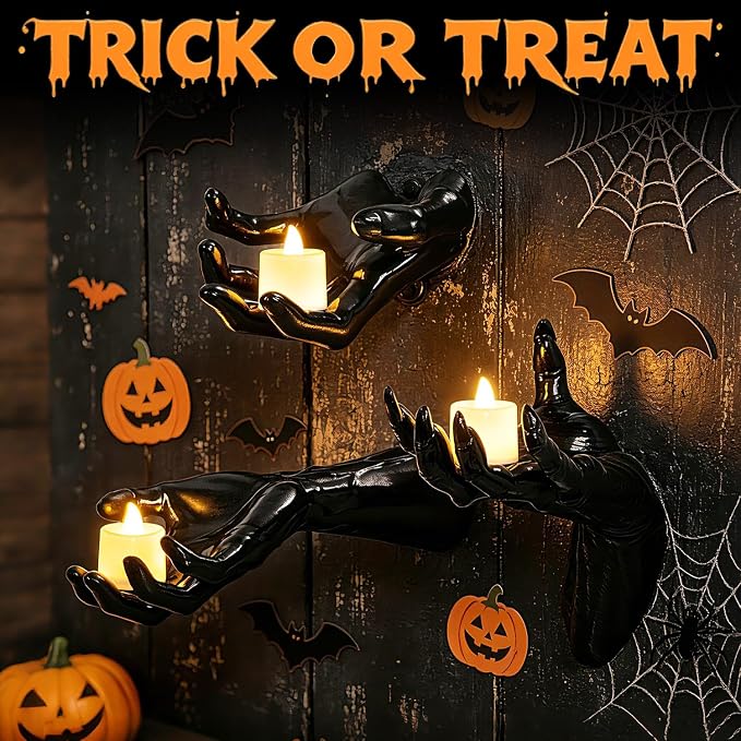 Halloween Wall Decor, Gothic Set of 3, LED Candle Hands Indoor Decoration | Halloween Wall Decorations Set of 3, Gothic Reaching Hands with LED Candles, Life-Sized Horror Props for Indoor Outdoor Party