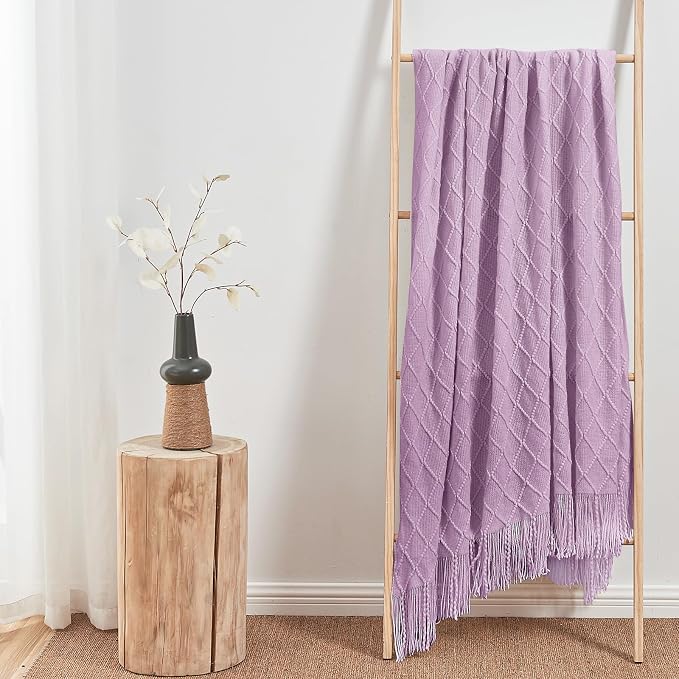 inhand Light Purple Knitted Throw Blanket for Couch and Bed, 50"x60" | Soft Living Room Home Decor Knitted Blanket, Tassel, Outdoor Lightweight Breathable , Farmhouse Warm Woven Decorative