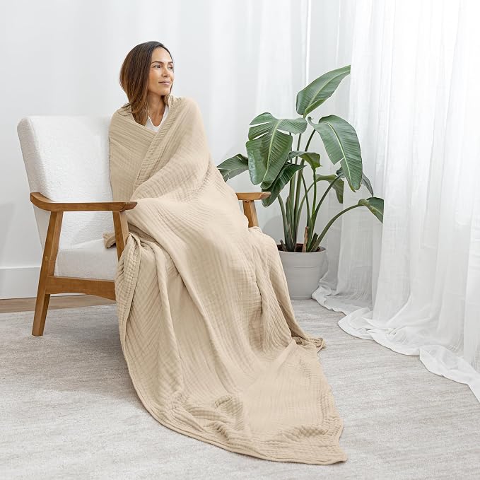 Comfy Cubs Adult Muslin Blanket 90x66” Twin Swaddle Blankets, Sand | 6 Layer Soft, Breathable & Lightweight Muslin Adult Blanket - Machine Washable & Designed in the US Bedding for All Seasons