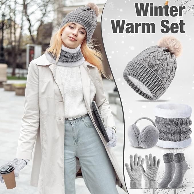 SATINIOR 5 Pcs Winter Hat Scarf Gloves Set Fleece Warm Lined Knit Beanie Hat Touch Screen Earmuff Gloves Warmer for Women(Gray,Vivid Style)