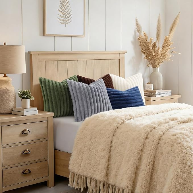 decorUhome Fall Faux Fur Throw Pillow Covers 18x18 Set of 2 Grey | Decorative Soft Cozy Striped Plush Modern Farmhouse Boho Couch Pillow Cases Velvet Back for Sofa Bed Living Room Home Decor