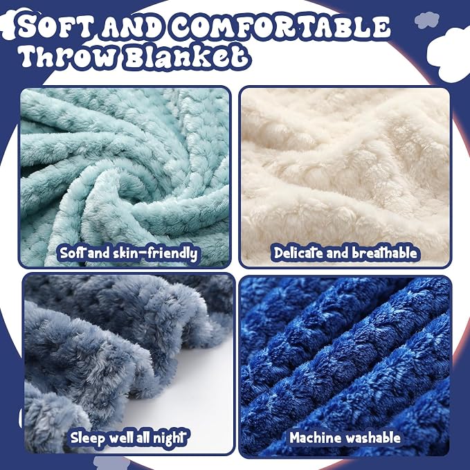 Newwiee 4 Pcs Fleece Throw Blanket, 3D Waffle Textured,Gradient Blue | Soft Lightweight Set for Couch Bed Sofa, Warm Winter Throws, No Shedding Pilling, Flannel Waffle Texture, 50x60 Inch